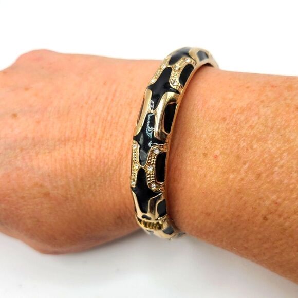 Anna and Ava hinged bangle bracelet,  black and gold with rhinestones - Picture 2 of 4